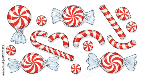 Peppermint Swirl Candies Collection: Lollipops, Candy Canes, and Wrapped Sweets