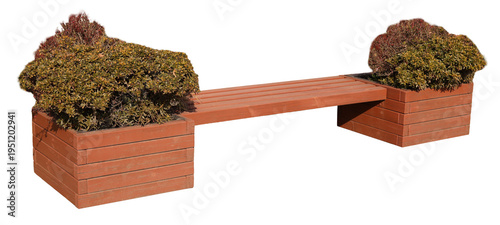 Wooden seating area with two planters on each side. The planters have green bushes. This setup can be used for gardens or parks in outdoor spaces