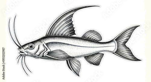 Detailed Illustration of a Catfish with Long Whiskers, Black and White Drawing