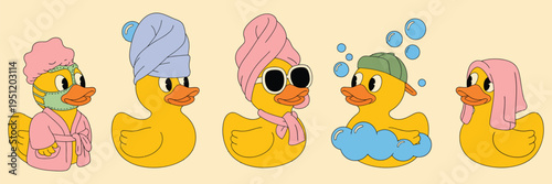 A charming set of rubber ducks enjoying a relaxing spa day, featuring towels, shower caps, soap bubbles, and serene expressions, playful bath time concept illustration in bright, cheerful style