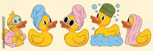 A charming set of rubber ducks enjoying a relaxing spa day, featuring towels, shower caps, soap bubbles, and serene expressions, playful bath time concept illustration in bright, cheerful style