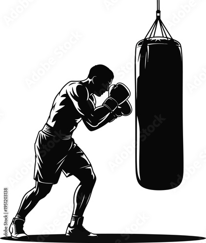 Black silhouette of a male boxer training with a punching bag in a fighting stance