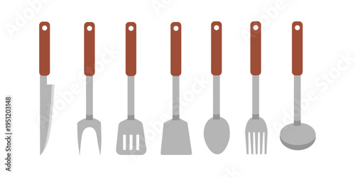 Kitchen Utensils Set. Set of stainless steel cooking utensils with wooden handles. Knife, Spoon, Fork, Ladle. Spatula.