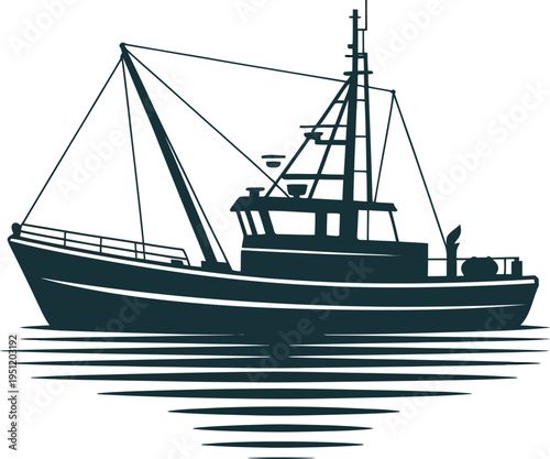 Dark silhouette of a fishing boat on calm water with a single mast and rigging