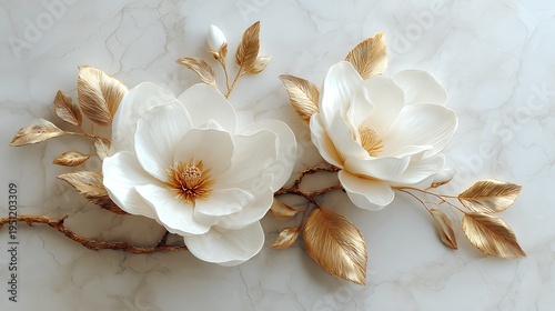 Elegant white magnolia flowers with golden branches and leaves on marble background