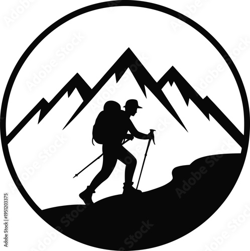 Hiker silhouette climbing mountain peak with trekking poles in circular frame