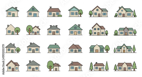 Collection of Diverse House Illustrations in Watercolor Style.