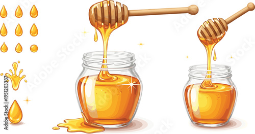 Golden honey dripping from wooden dipper into glass jar sweet organic natural food vector illustration isolated background