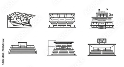 Architectural Line Drawings of Various Sports Stadiums and Arenas.