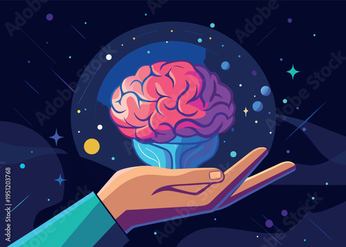Futuristic concept of hand holding a human brain