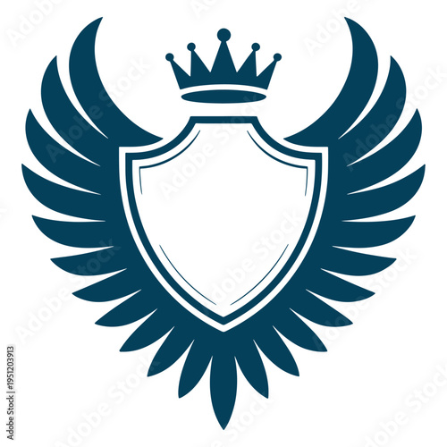 A minimalist dark blue heraldic crest featuring a clean shield design with wings and a royal crown