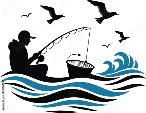 Silhouette of a man fishing on a boat with seagulls flying overhead on a wavy sea