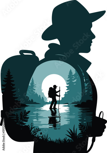 Hiker silhouette with backpack and serene lake scene at sunset or sunrise