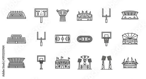 Collection of Stadium and Sports Venue Line Art Icons.
