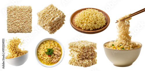 Set of Instant noodles ramen, popular convenient global precooked staple, uncooked cook, dry soup, bowl plate chopstick, stack pile, transparent cutout PNG. Mockup for design