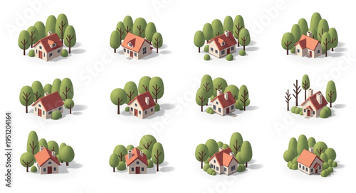 Low Poly Houses Surrounded by Trees - A Collection of Isometric Views.
