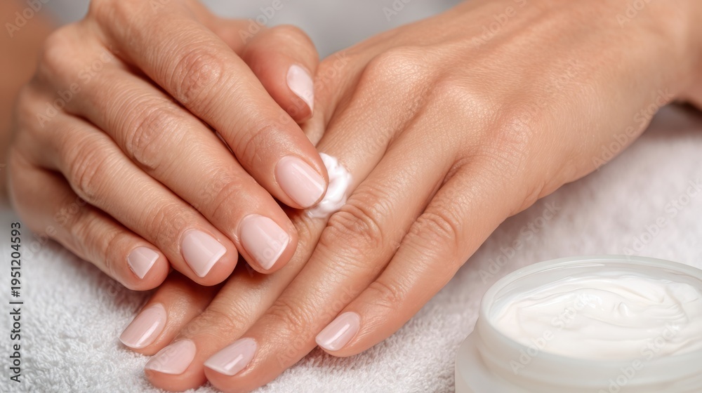 Naklejka premium Woman applying moisturizer cream on hand. Hand skin care routine with cosmetic lotion. Beauty treatment for healthy soft skin. Therapeutic body care and dermatology health concept.