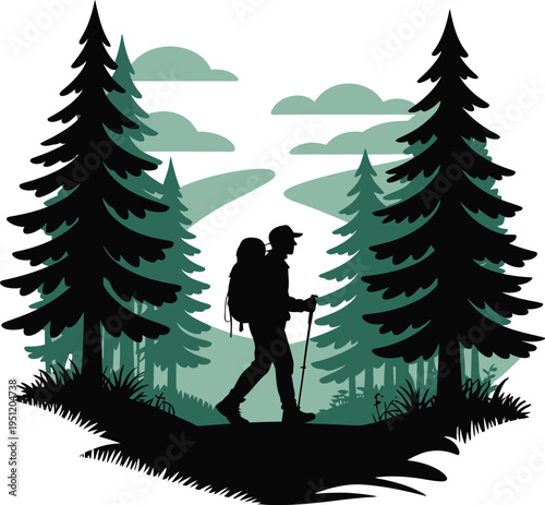 Hiker silhouette walking through forest with backpack and trekking poles