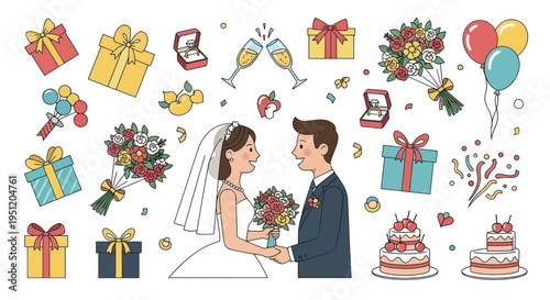Happy Wedding Couple Holding Hands Surrounded by Gifts, Rings, Cakes, Balloons, and Flowers
