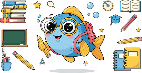 Cute student fish cartoon character with glasses backpack and school supplies education mascot vector illustration isolated background
