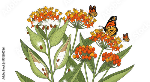 Monarch butterflies flying around blooming milkweed flowers, illustration