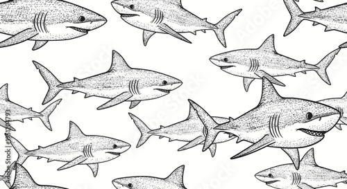 Seamless Pattern of Hand-Drawn Sharks, Marine Life Illustration