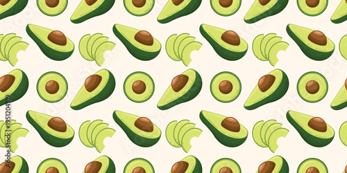 Seamless avocado pattern with halves slices and pits vector illustration