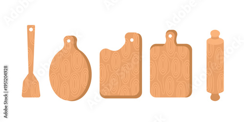 Wooden Kitchen Utensils and Cutting Boards Set. Different Shapes Cutting Board Set. Wooden Rolling Pin. Wooden Spatula.