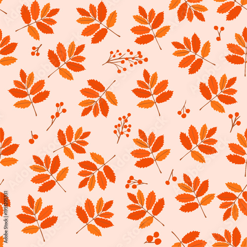 Rowan Leaf and Berry Autumn Seamless Pattern