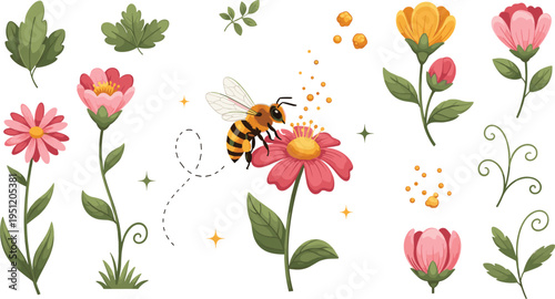 Honey bee pollinating flowers botanical garden plants spring nature illustration colorful vector elements isolated background