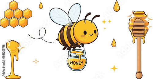Cute honey bee cartoon character with honey jar honeycomb and dipper sweet food illustration vector set isolated background