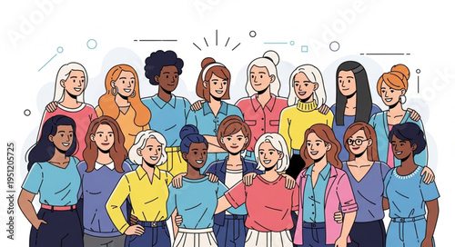 Diverse group of women standing together smiling and looking forward.