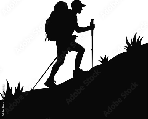 Hiker climbing uphill with trekking poles silhouette white background