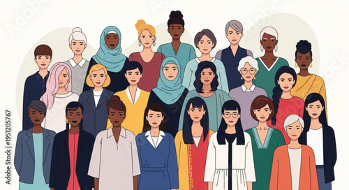 Diverse group of women standing together in unity.