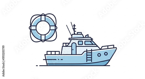 Modern motor yacht and life preserver illustration.