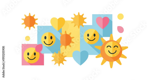 Colorful illustration of happy smiley faces and suns for International Day of Happiness celebration with joyful people and cheerful design elements