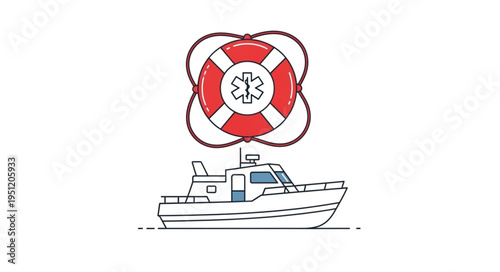 Rescue boat with life preserver and medical symbol illustration.
