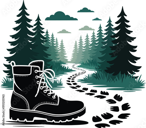 Hiking boot on forest trail with footprints leading into woods