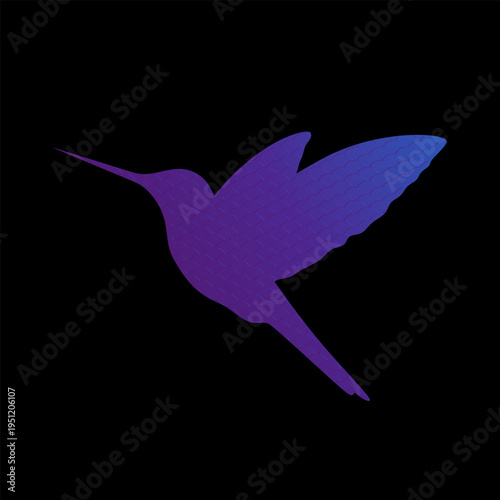 Hummingbird silhouette. Purple colibri bird silhouette decorated with wavy pattern. Vector illustration