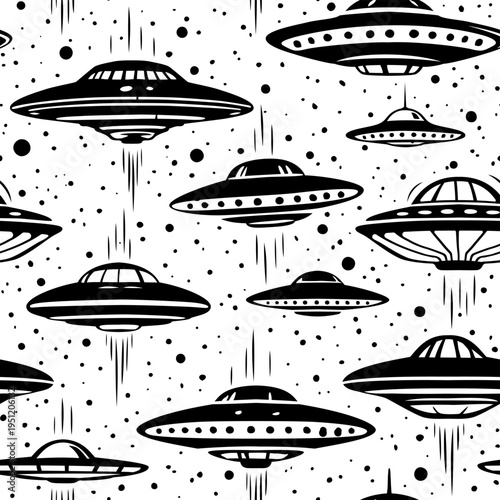 Flying spacecraft, UFO. Cosmic pattern with a UFO on a white background in a grunge style. The design is created with brush strokes, splashes, and stains.