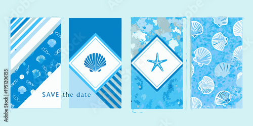 Four vertical banners with nautical themes in shades of blue and white
