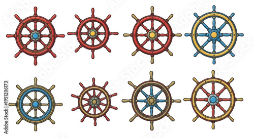Collection of colorful ship steering wheels, nautical theme, vintage style, maritime decor
