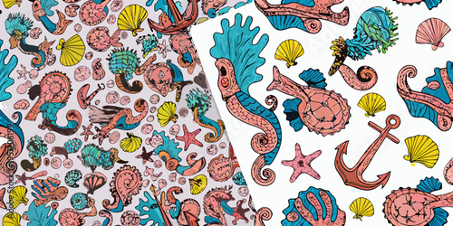 Colorful nautical pattern featuring seashells seahorses and various marine life