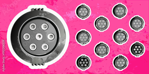 Multiple circular connectors displayed against a vibrant pink textured background