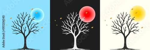 Set of bare trees in autumn with sun and falling leaves