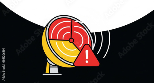Satellite dish with warning symbol indicating signal problem.