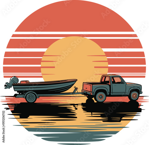 Truck towing a boat on a trailer at sunset by the water with vibrant orange sky