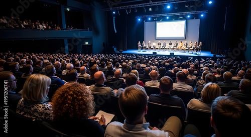 Audience watching panel discussion on stage at business conference, event presentation in auditorium