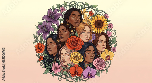 Diverse group of women portraits surrounded by colorful flowers and foliage.