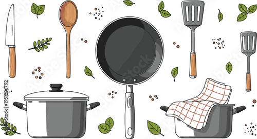 Kitchen cookware set with frying pan pot spatula spoon and utensils cooking tools vector illustration isolated background